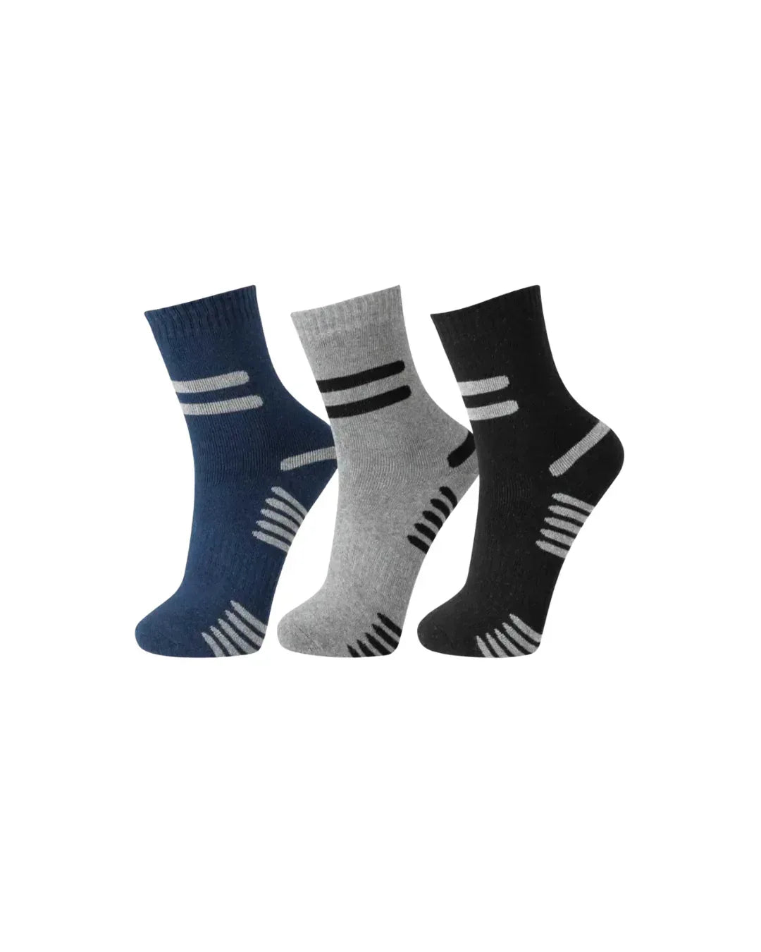 3‑pak bambus arbejdssokker – navy, grå og sort med striber og forstærkede zone