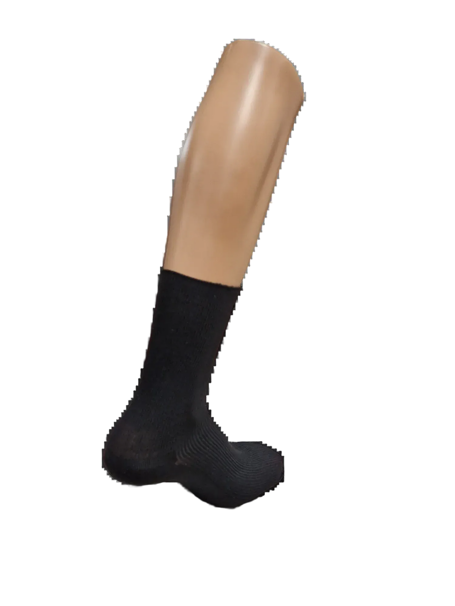 En sort sok vises på et mannequinben mod en sort baggrund.