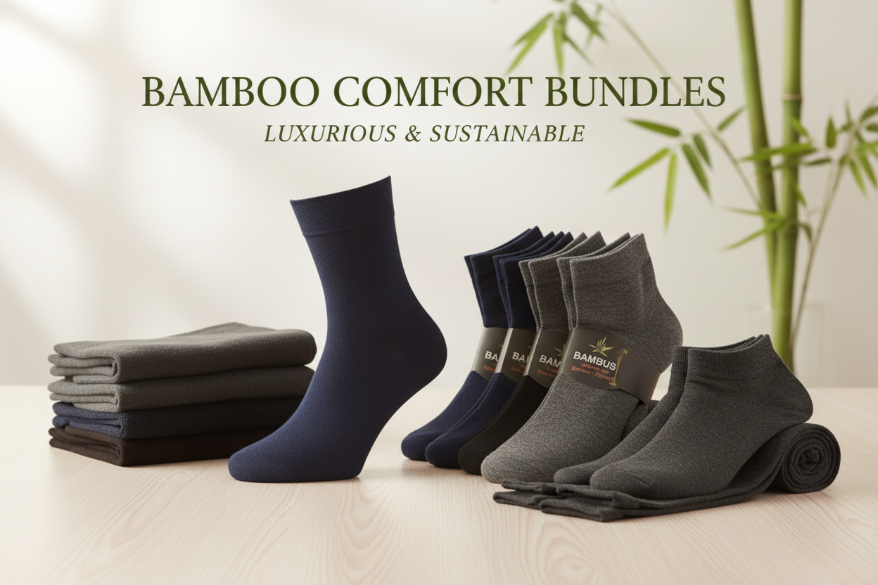 Bambus sampakke med tights og sokker i blødt, åndbart materiale – præsenteret i nordisk, minimalistisk stil