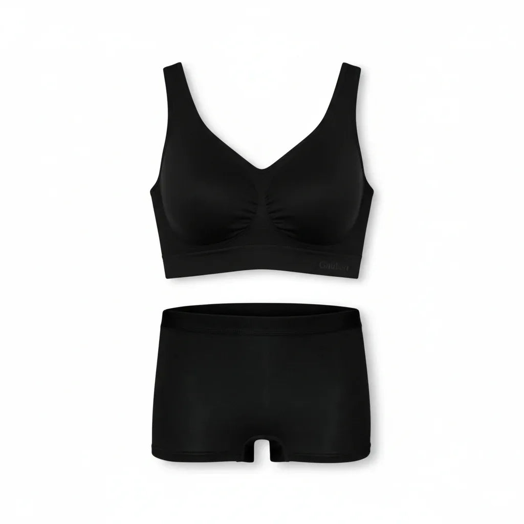 Gaubert bambus undertøjssæt – sort sports‑BH med rynkedetalje og boyshorts med bred elastik
