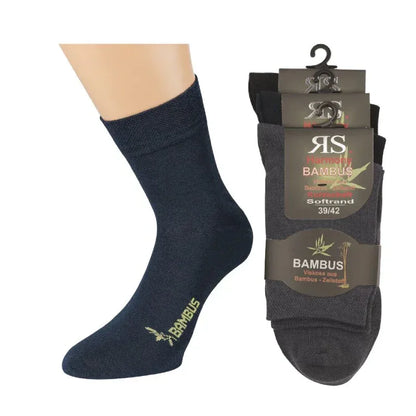 RS Harmony bambus sokker – mørkeblå med BAMBUS‑tryk og emballage med viskose‑info