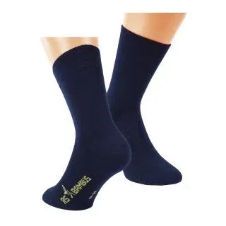 RS Harmony bambus sokker – mørkeblå med gult 25 RABBITS‑tryk på sålen